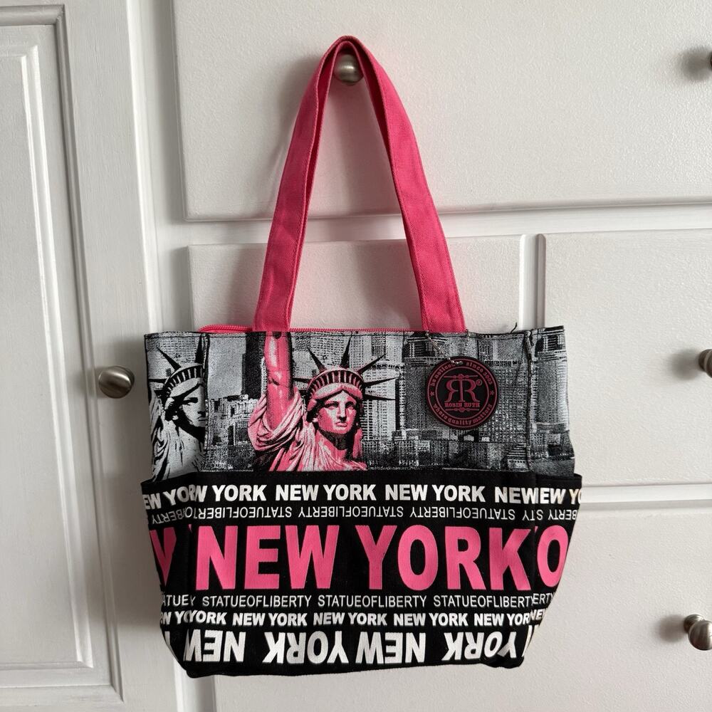 Robin Ruth New York Statue of Liberty Tote Bag Pink & Black Zip Top